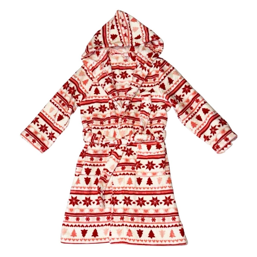 NWT Tucker + Tate Girl 7 8 Pink Red Fair Isle Plush Christmas Holiday Bathrobe